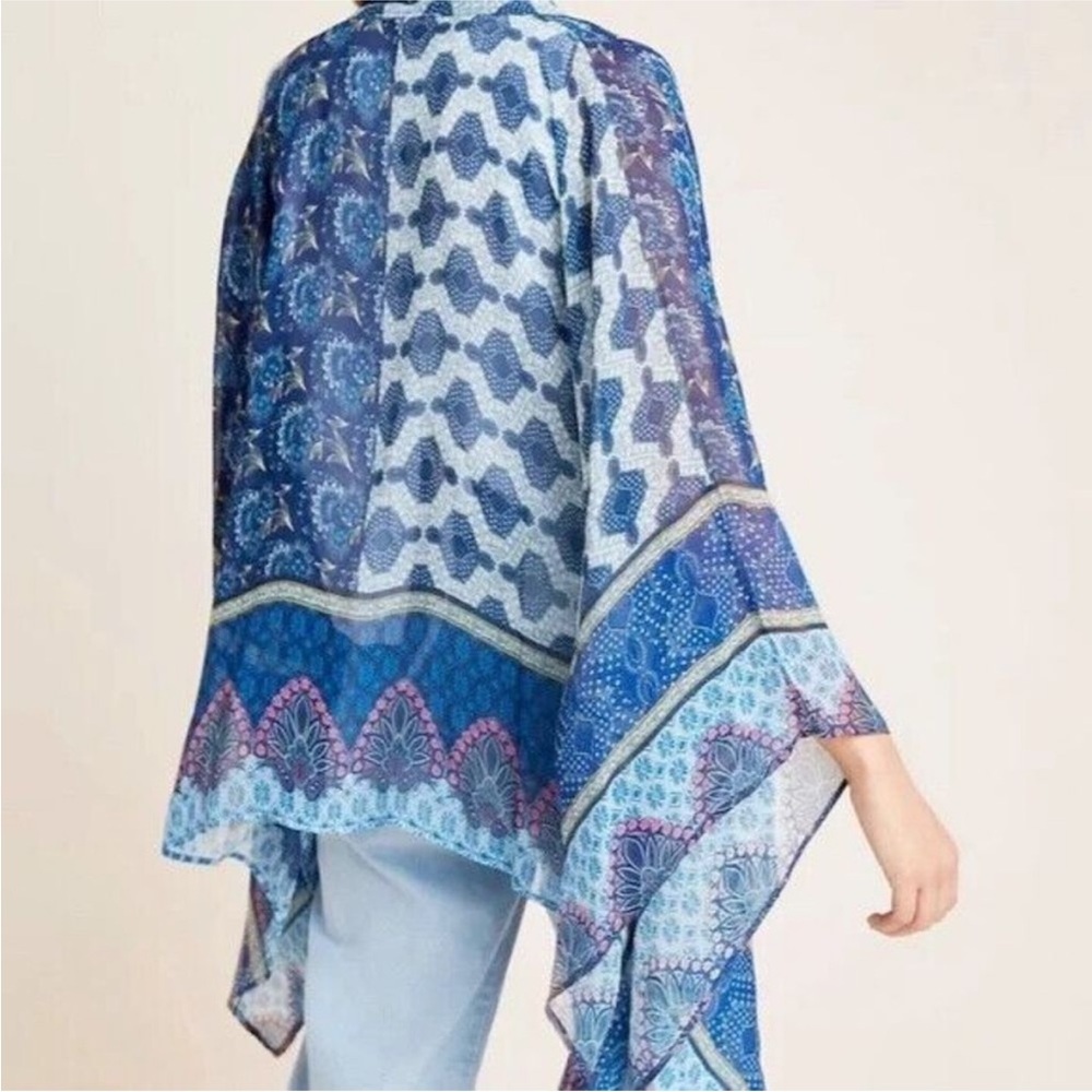 Akemi + Kin Blue Patchwork Kimono Open Front Sheer Boho Layering Wrap OS - Picture 2 of 9